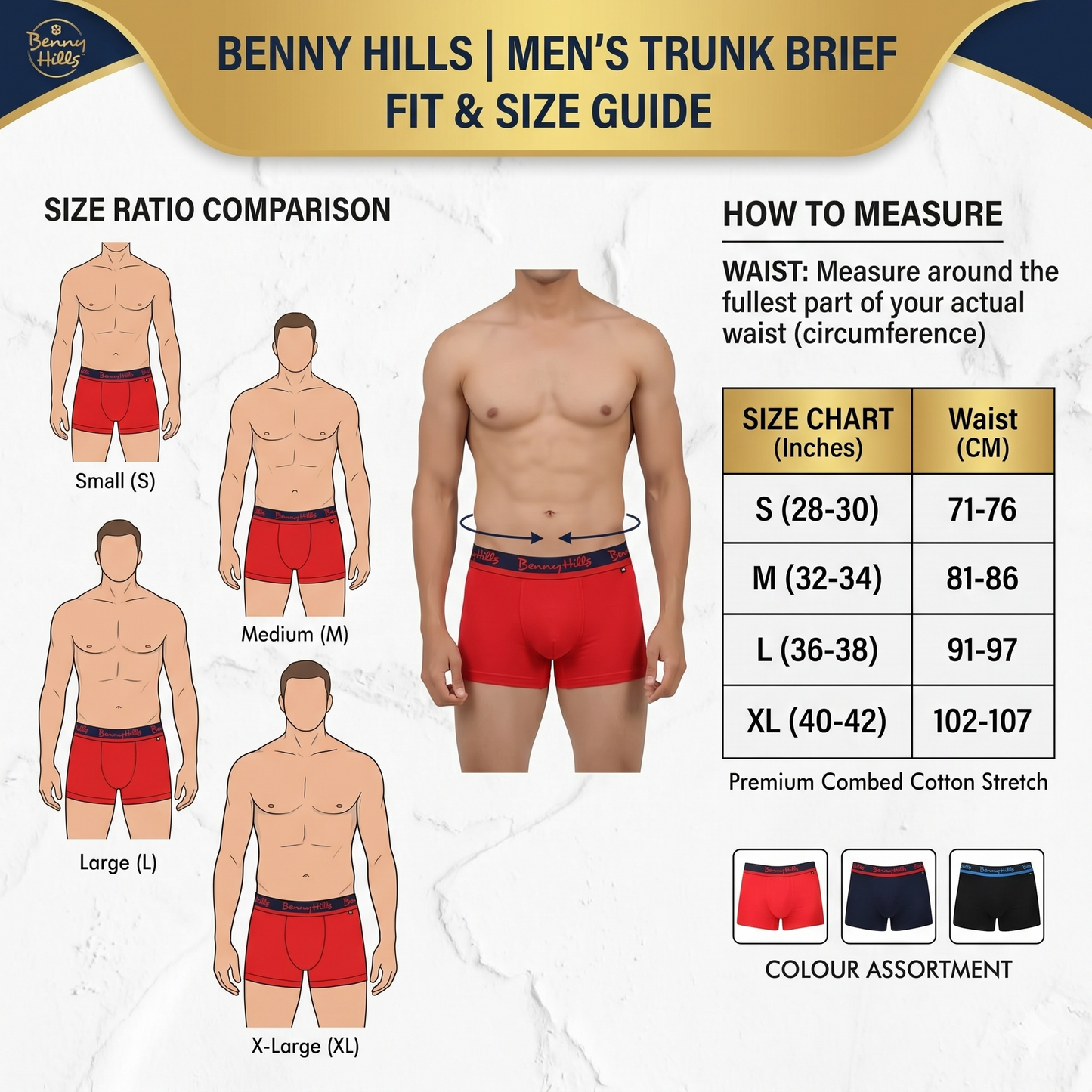 Benny Hills Men’s Premium Cotton Stretch Trunks - 3-Pack Bundle (Multicolor)