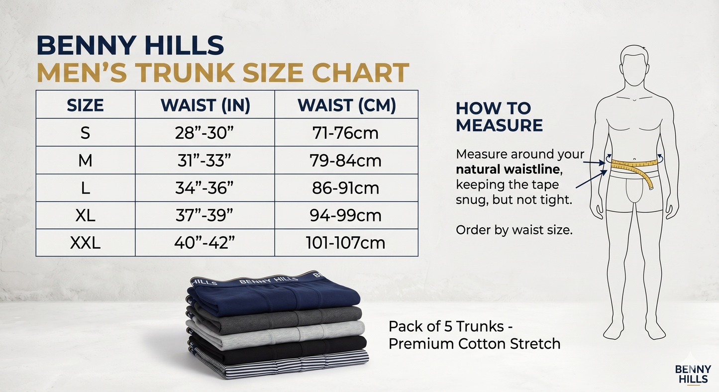 Benny Hills Men’s Cotton Stretch Trunk Underwear - Pack of 5 (Multicolor)