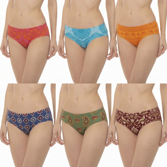 VIP Feelings Women's 100% Cotton Printed Panties - Pack of 6 (Inner Elastic)