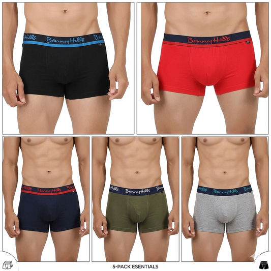 Benny Hills Men’s Cotton Stretch Trunk Underwear - Pack of 5 (Multicolor)
